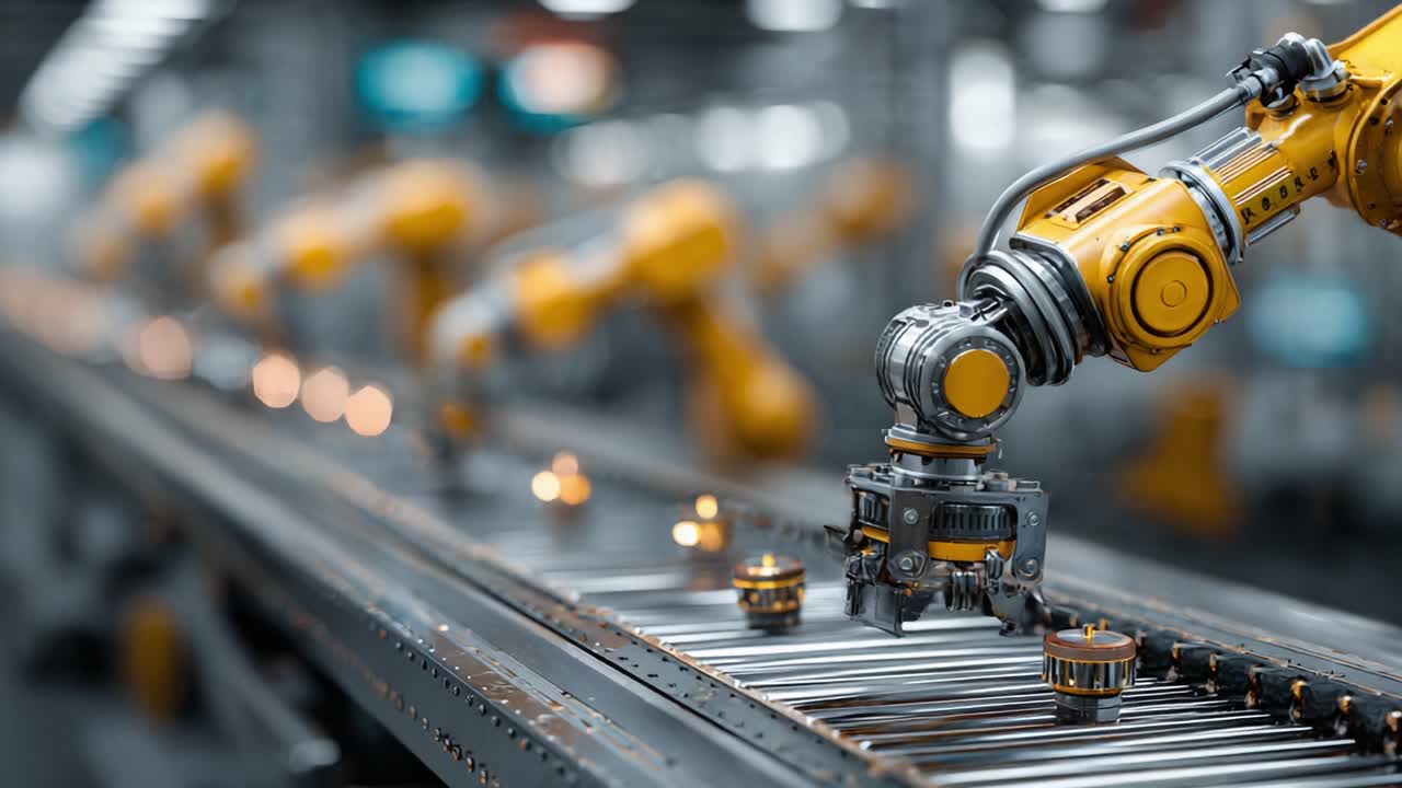 Advanced Industrial Robotics in Action: A Dynamic Showcase of Automated Arm Technology on a High-Speed Production Line