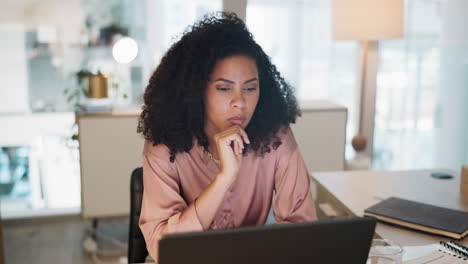 thinking, research and business woman on a laptop