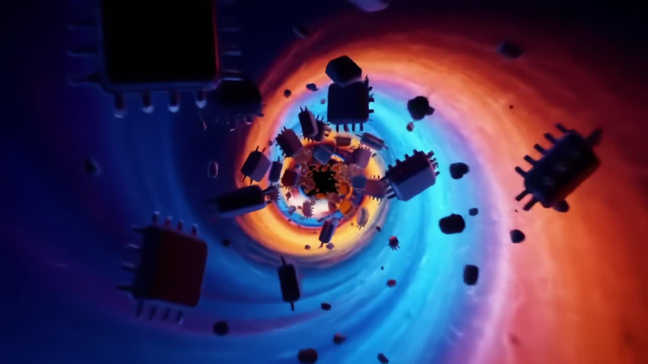 A Stunning Visual Representation of a Vortex of Digital Components and Colors, Capturing the Intricacies and Depths of Technology in a Hypnotic Journey