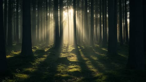 a tranquil forest comes to life as sunlight breaks through the tall trees, creating a magical atmosphere. soft beams illuminate the damp ground covered with lush green moss, revealing the intricate details of nature. shadows stretch gracefully across the forest floor, enhancing the peaceful ambiance