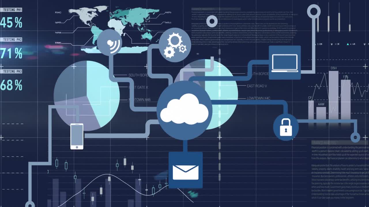 Animation of network of digital icons over statistical data processing against blue background