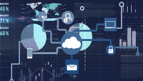 animation of network of digital icons over statistical data processing against blue background