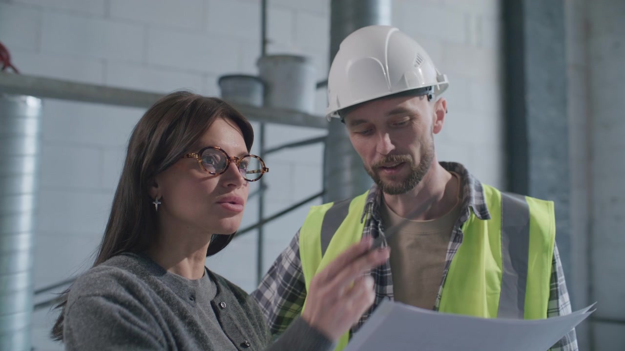 Female Architect and Male Engineer Discussing Floor Plan at Building Site