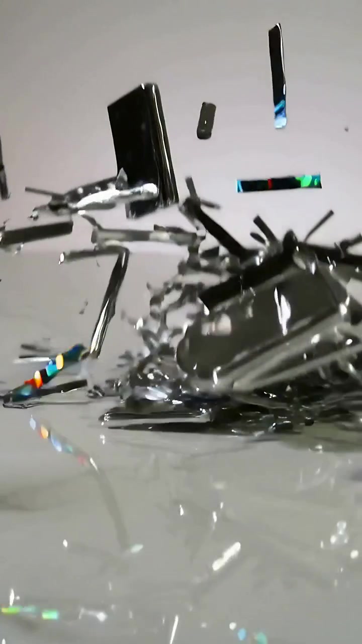 Vertical video: Spinning metallic strips and mirror shards scattering then settling on glossy table