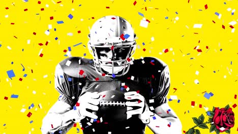 Animation-of-confetti-and-rose-over-american-football-player-on-yellow-background