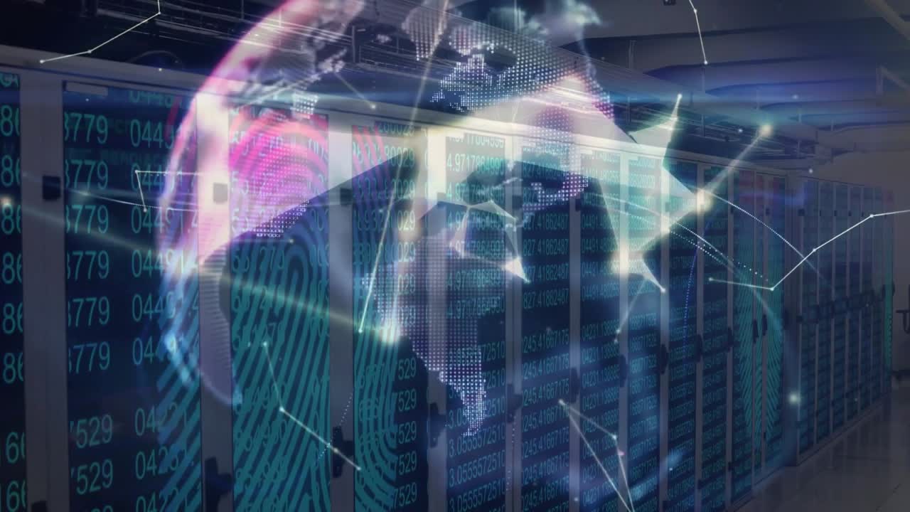 Impronta digitale che appare su rack sinistro, avviando nodi che si propagano, mappamondo che gira formando una rete globale