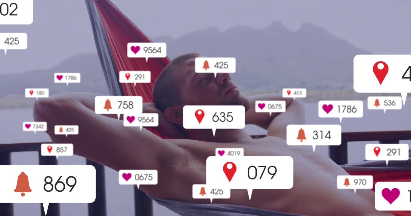 Man reclining in hammock, incoming social media bubbles flooding torso and face, showing overload
