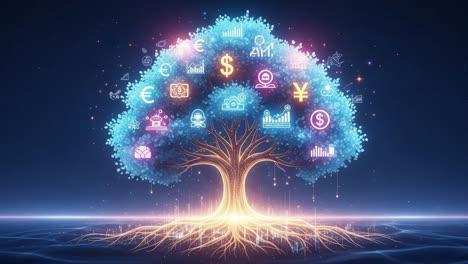 a vibrant tree of knowledge illuminated with global economic symbols and icons, representing financial growth, innovation, and digital transformation