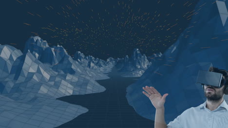 caucasian man wearing vr headset against 3d mountain structures on grey background