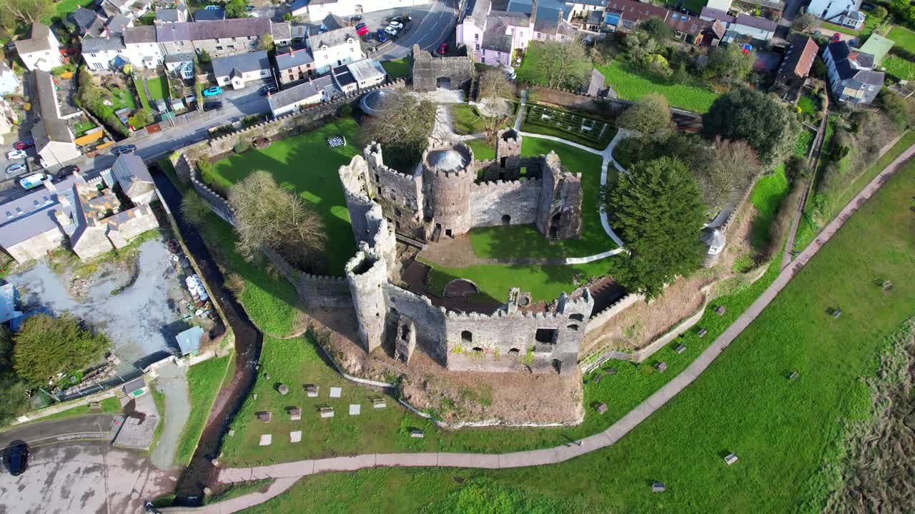 Aerial View of Castle Ruins in a Welsh Town