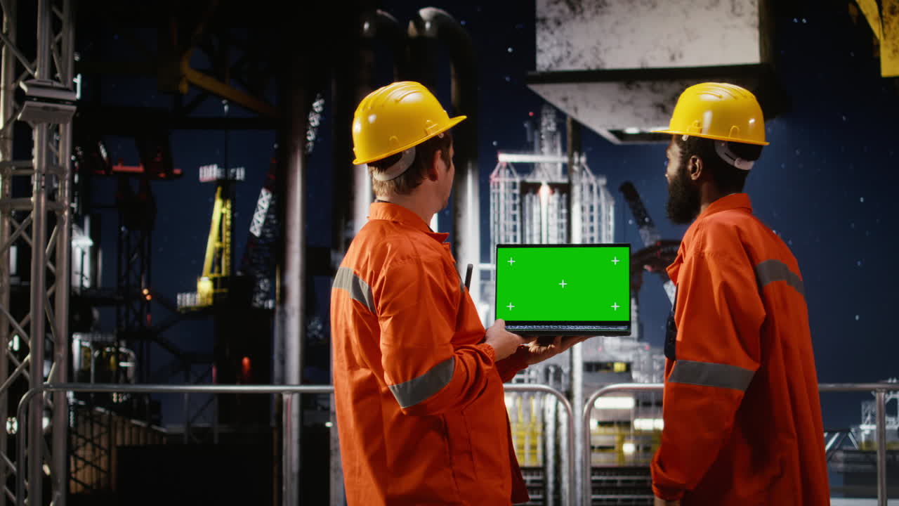 Green screen next to oil rig technicians analyze fuel extraction on platform
