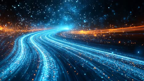 a colorful, starry sky with a blue line that represents a road. the road is surrounded by a bright orange line that gives the impression of a glowing, illuminated path