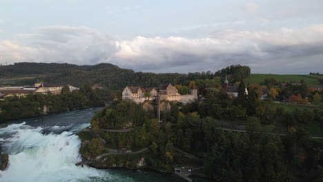 fantastic panoramic aerial shot in the middle distance to the falls of the rhine and where the castle of laufen can be seen