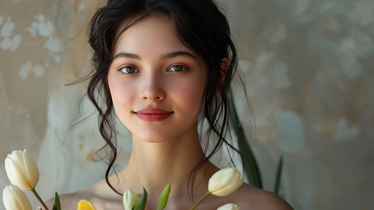Ritratto di una giovane donna con tulipani bianchi