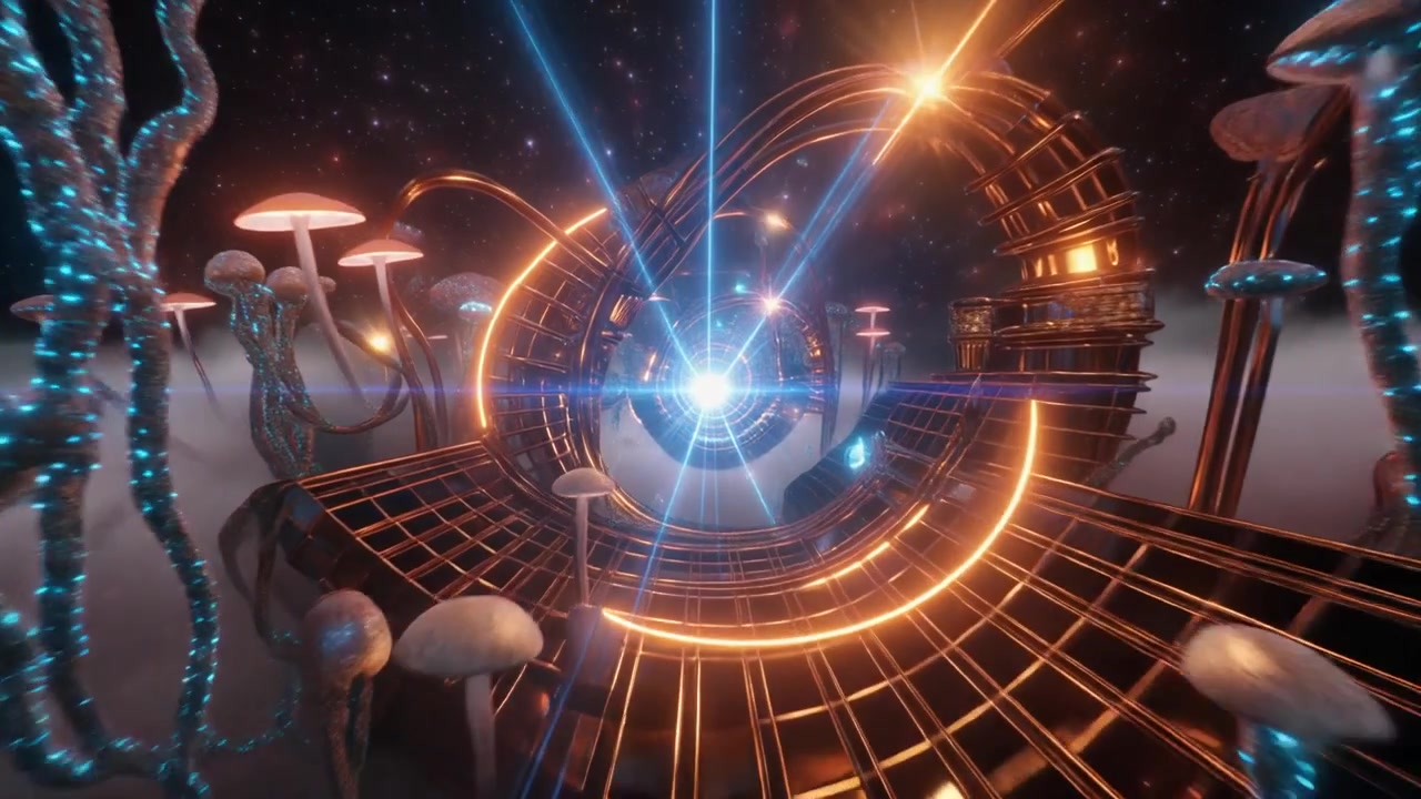 Surreal Sci-Fi Landscape with Glowing Mushrooms and Golden Orbital Structures
