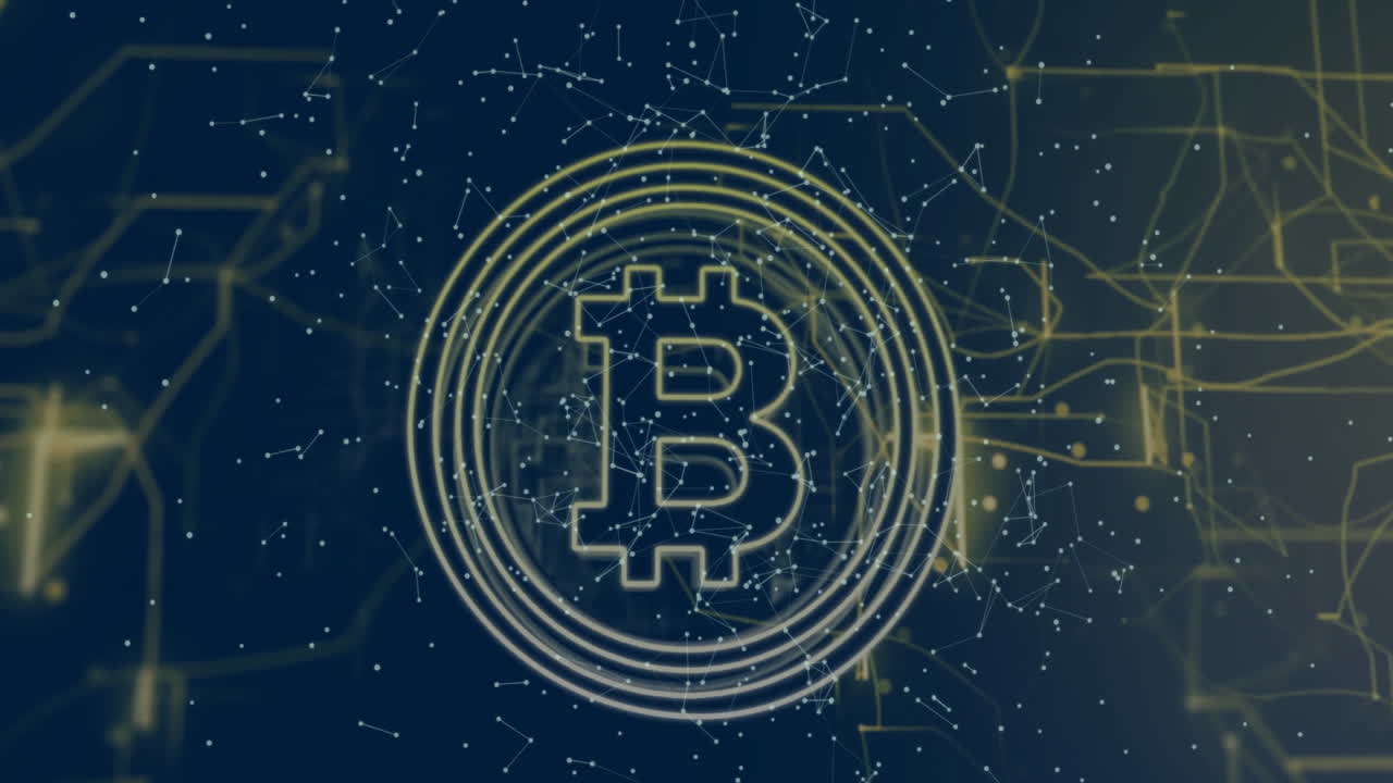 Bitcoin symbol with digital network connections and data processing animation