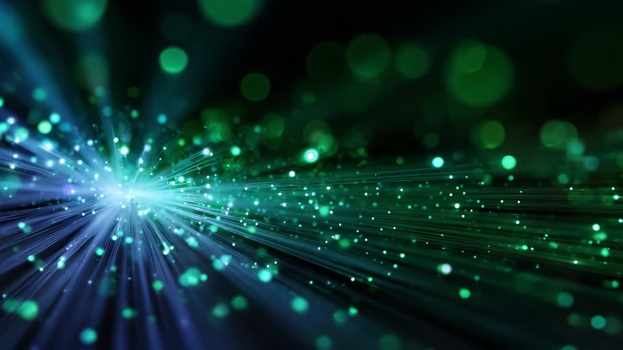 Una rappresentazione affascinante di particelle luminose e raggi di luce radiosa che creano un'atmosfera onirica, ricca di vivaci tonalità di verde e di un movimento incantevole, catturando l'essenza dell'energia e del movimento
