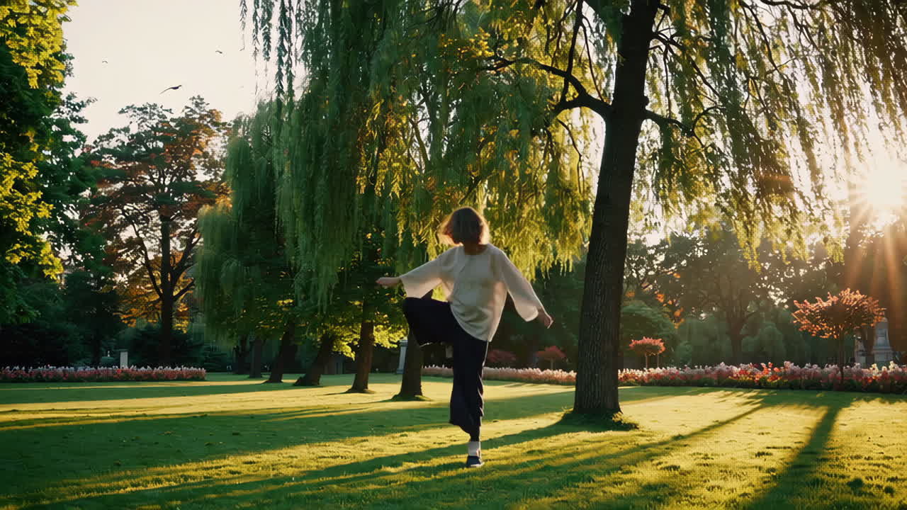 Woman Walking and Exercising in a Park at Sunset
