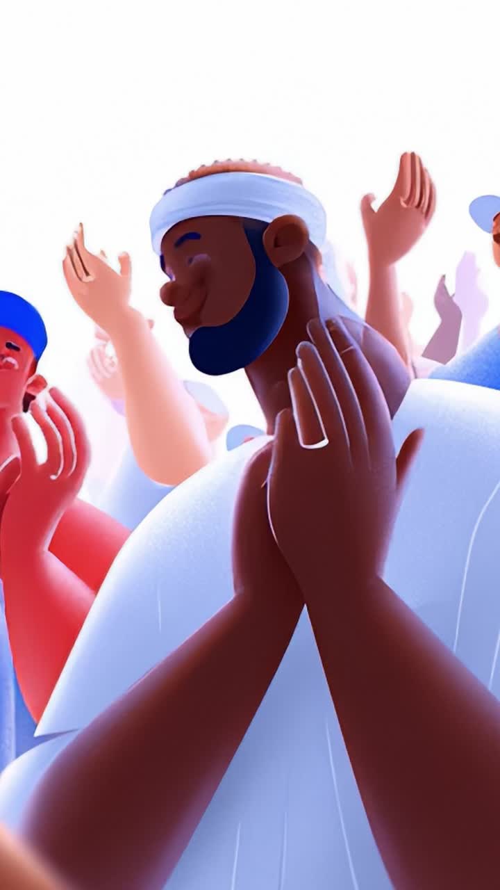 Animated celebration scene featuring a joyful character engaging with an enthusiastic crowd, conveying emotions of happiness and unity through expressive hand gestures