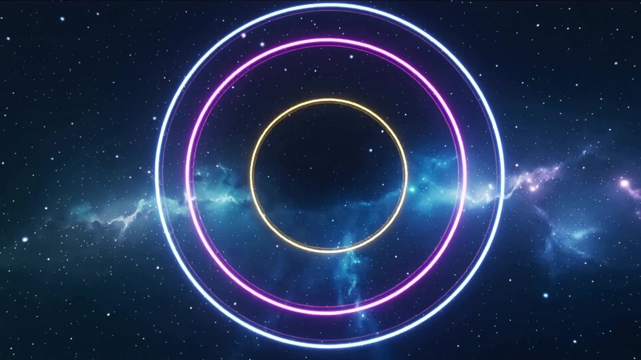 Cuadros avanzando, anillos de neón pulsantes girando sobre una nebulosa y estrellas, rosa interior, blanco-azul exterior.