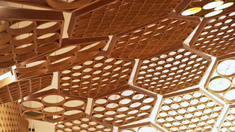 closeup of the complex sound treatment ceiling architecture in the auditorium of the seine musicale in paris, france