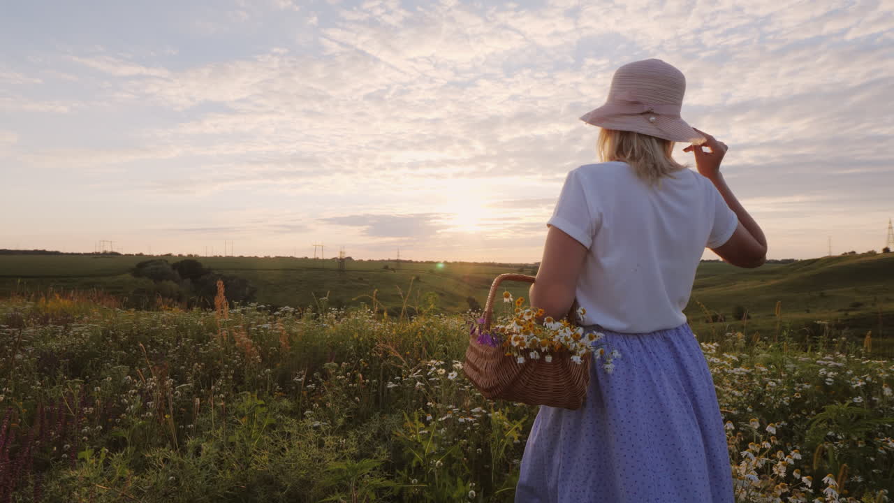una mujer de mediana edad con un sombrero con una canasta de flores silvestres se encuentra en un prado esperando el