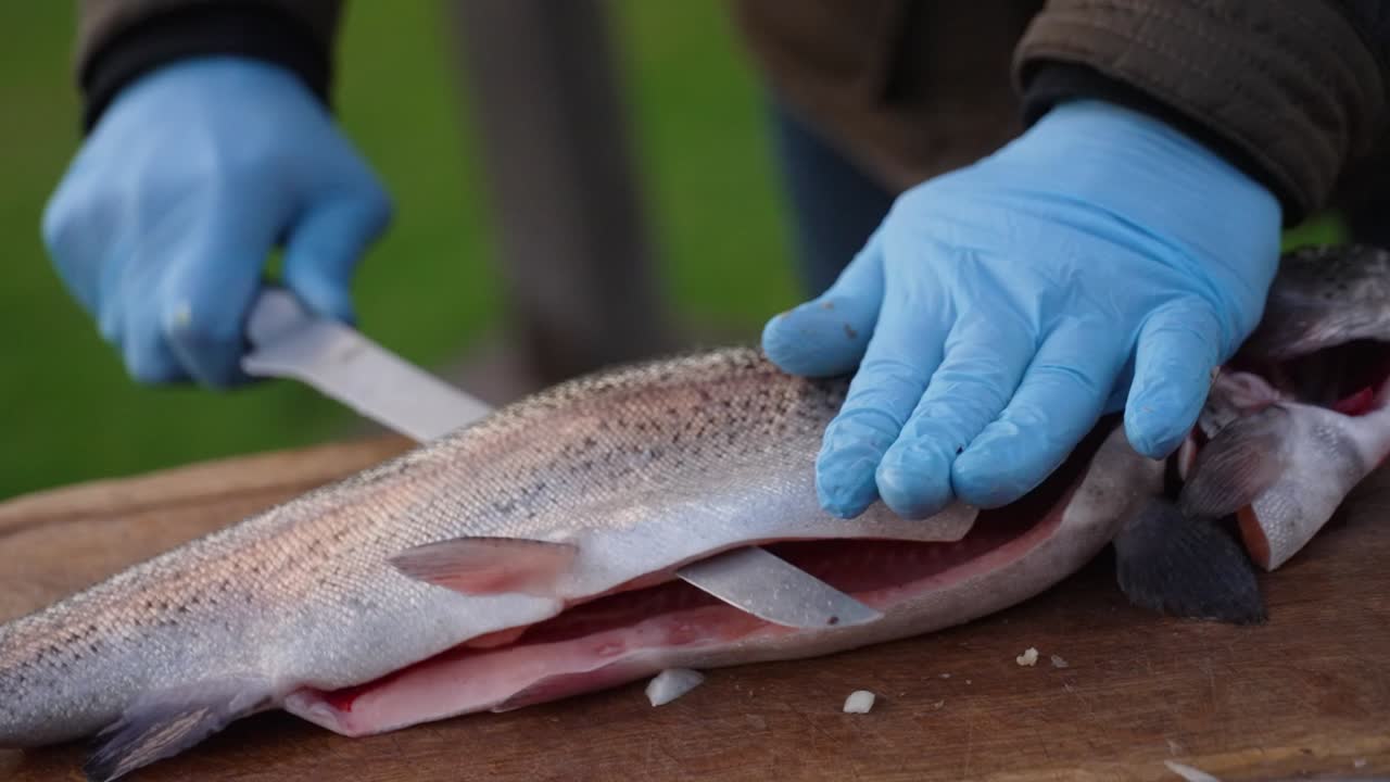 Close-up of cutting a salmon open with a knife