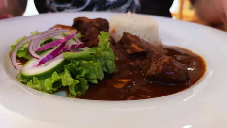 una toma de cerca de un plato tradicional de carne y arroz mexicano de chiapas asado coleto