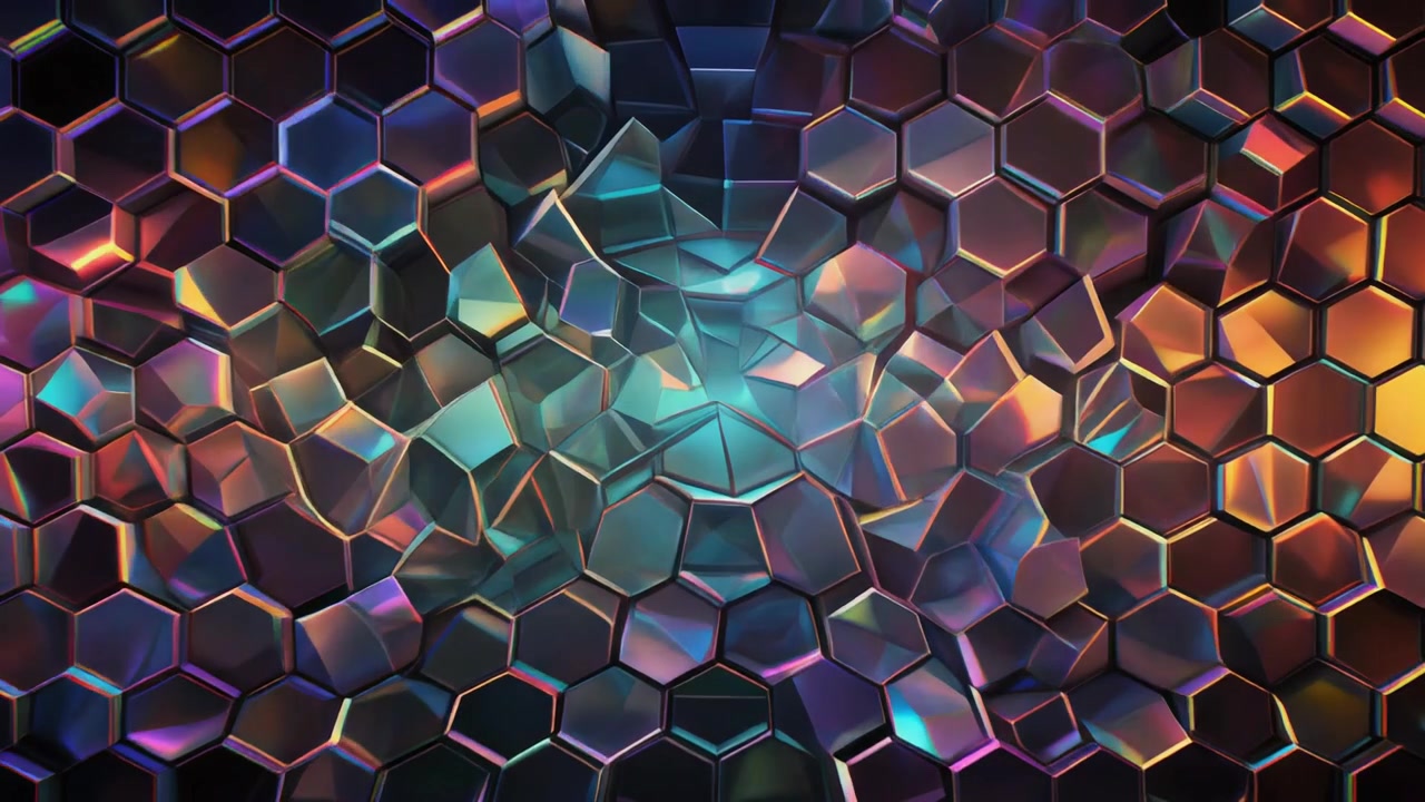 Abstract Background of Glowing Iridescent Hexagonal Tiles