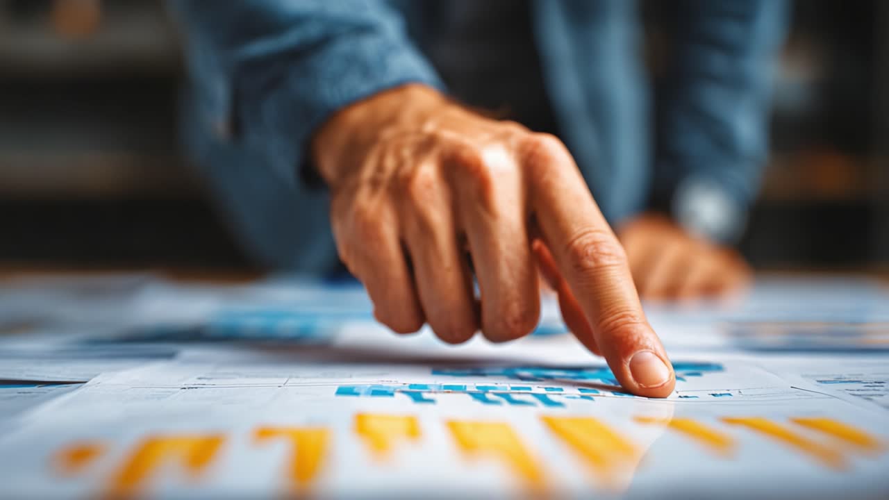 A Focused Hand Pointing at Data and Charts on a Table, Highlighting Important Information and Insights for Analysis and Strategic Decision-Making in a Professional Environment