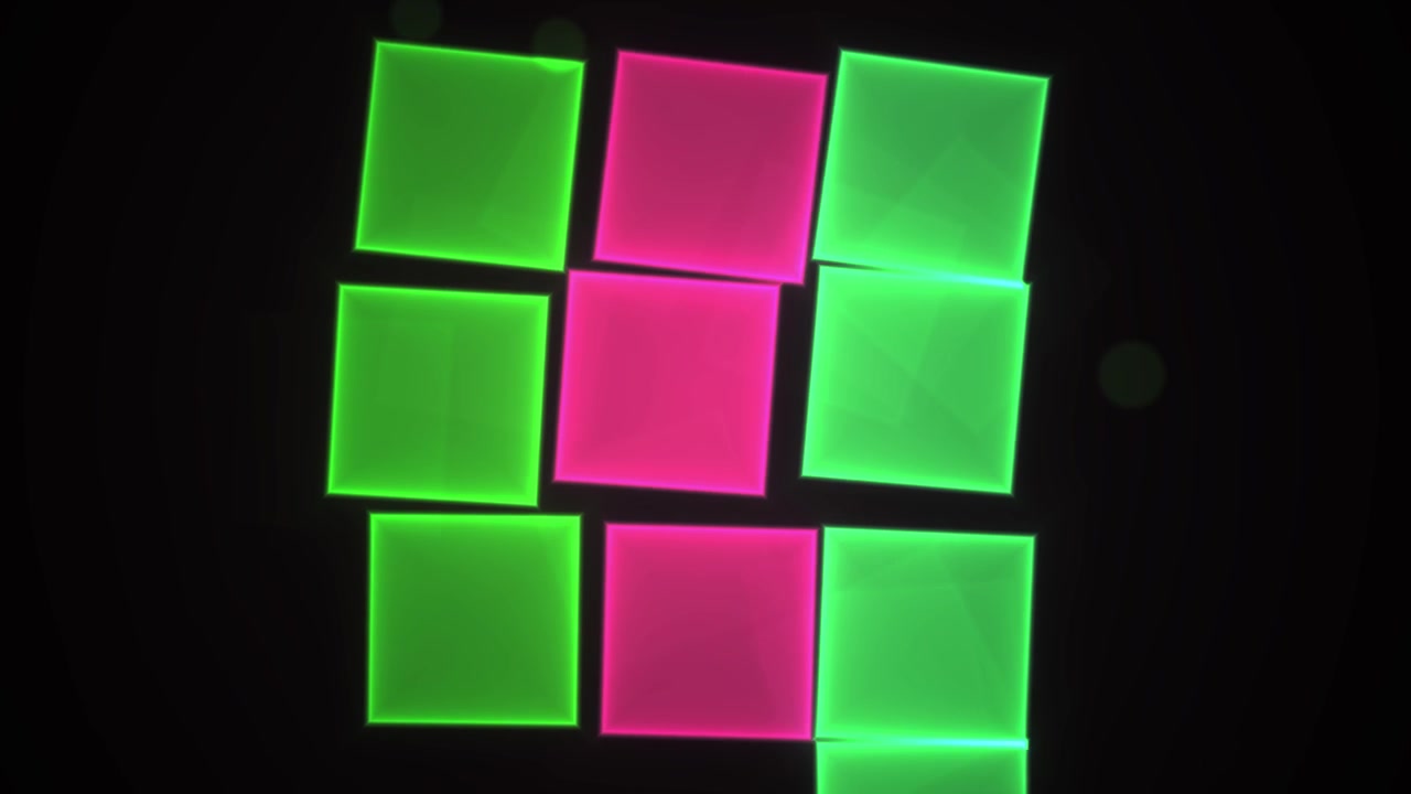 Glowing Neon Green and Pink Squares Forming and Dissolving Grid