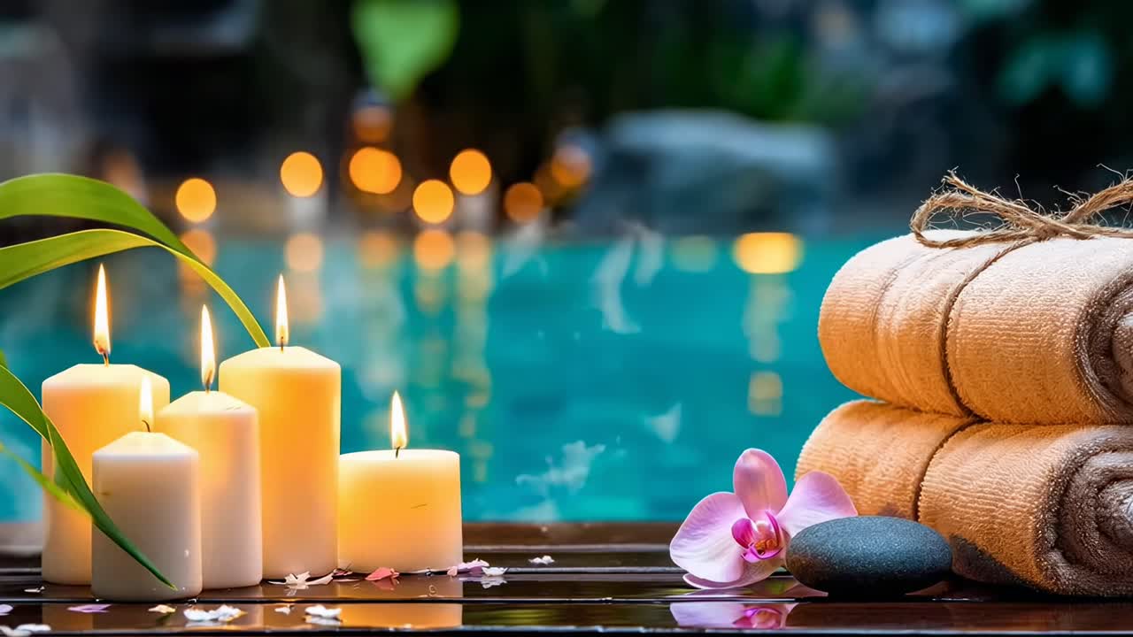 Fredfyldt spa-scene med stearinlys og håndklæder ved en pool. Video i lav vinkel indfanger ro og mag, live