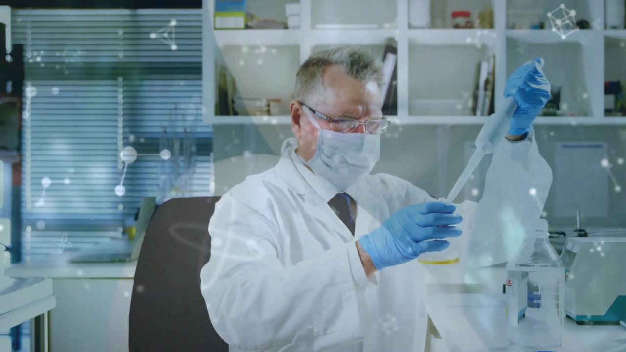 Animation of scientific data processing over caucasian male scientist in laboratory