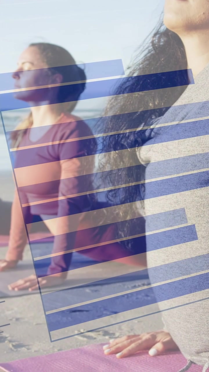 Vertical video: Two women doing yoga pressing palms, opening chests while blue bars sweeping mats