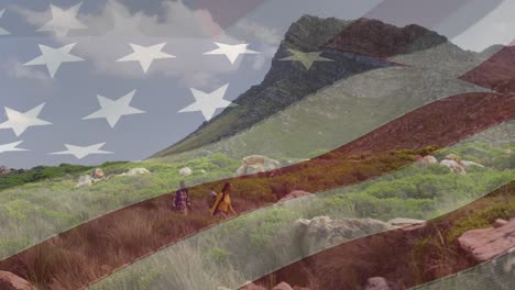 Animation-of-american-flag-moving-over-couple-hiking