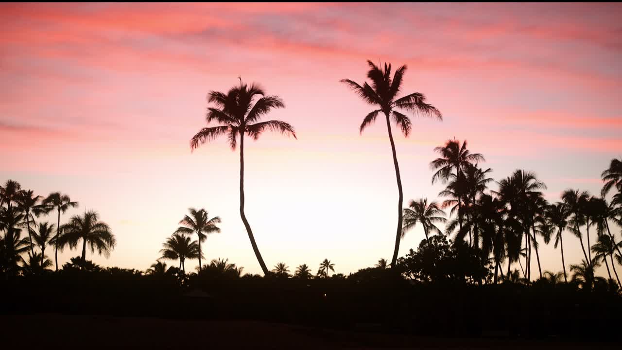4k timelapse of hawaiian sunset, palm trees and clouds moving with beautiful colours
