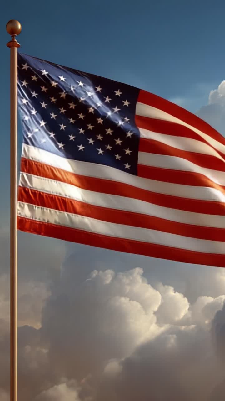 Una splendida esposizione della bandiera americana che sventola contro un cielo sereno con nuvole soffici, simboleggiando patriottismo e libertà in un incantevole scenario naturale.