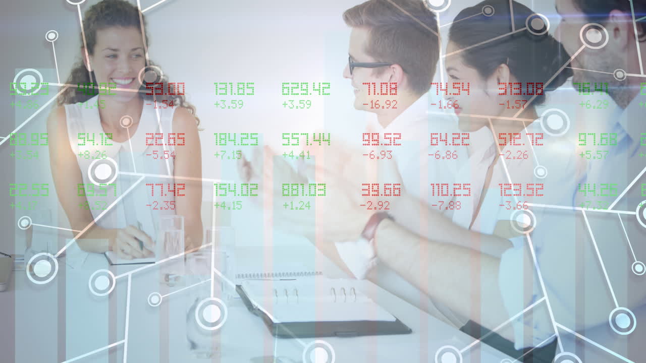 Stock market data processing and microprocessor connections against office colleagues clapping