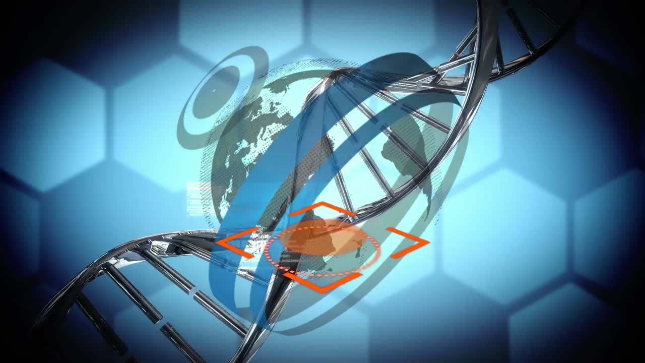 파란색 배경에 dna, 지구와 데이터 처리의 애니메이션