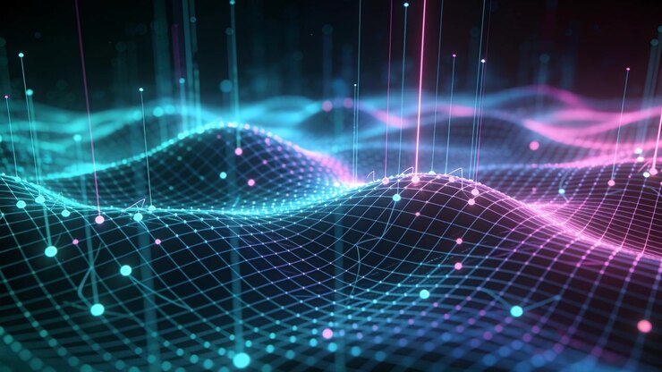 Animating neon mesh undulating across void, pulsing nodes, rising beams visualizing data flow