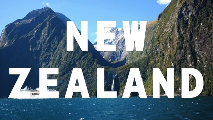 Coastline And Cruise Liner Overlaid With Animated Graphic Spelling Out New Zealand