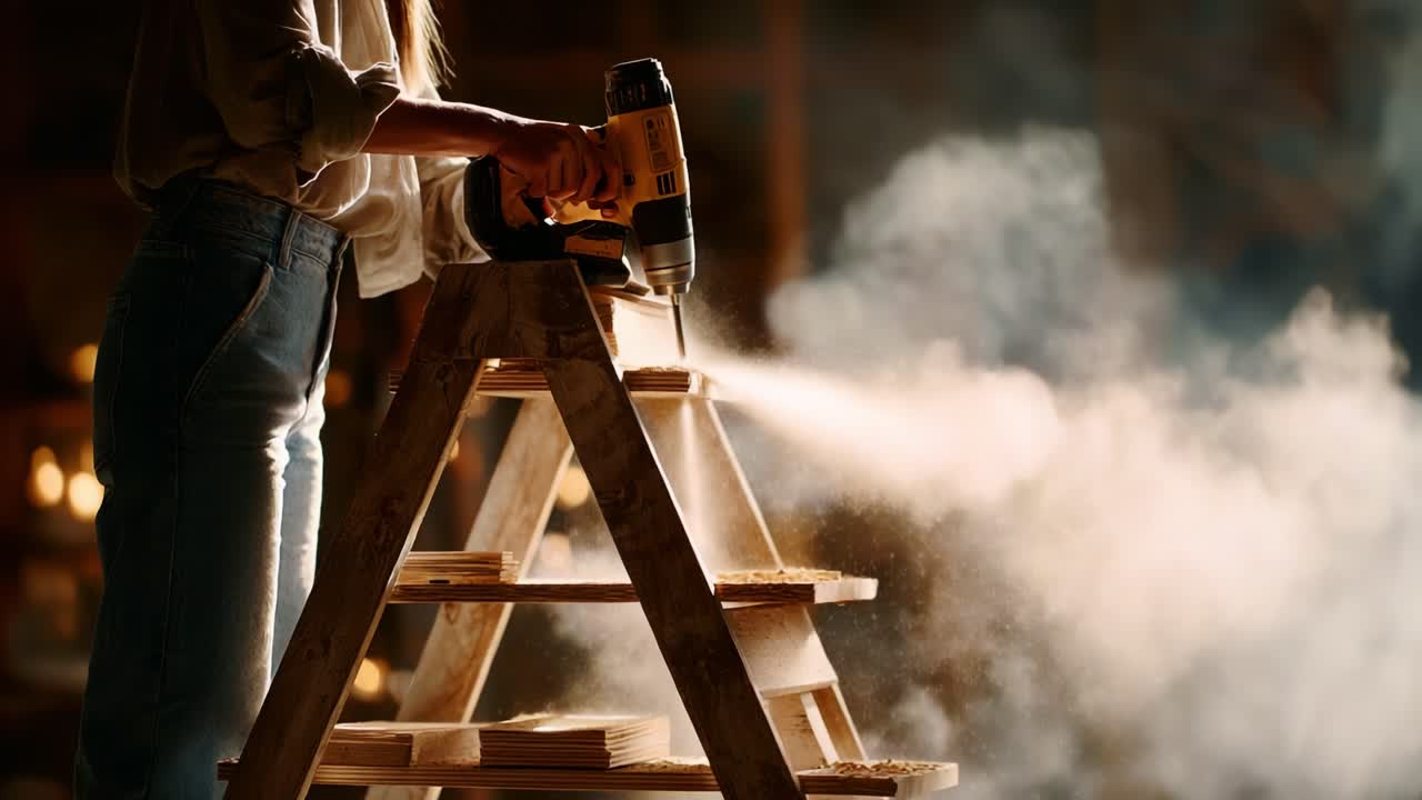 A focused craftsman using a power tool on a wooden ladder, showcasing precision and skill in a workshop filled with warm light and a cloud of sawdust swirling in the air