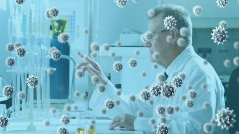 animación de células de virus sobre un médico caucásico en el laboratorio