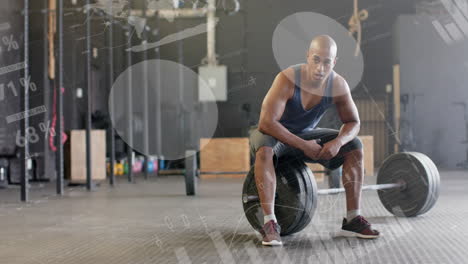 animation of data processing on interface over biracial man sitting on barbell weights at gym