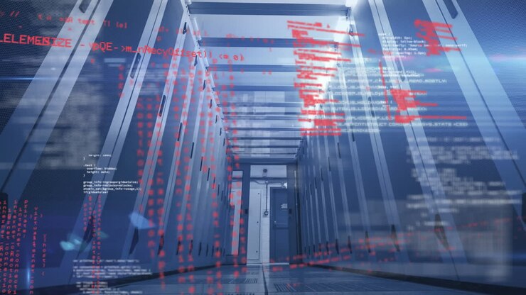 Digital komposition af databehandling mod et tomt serverrum