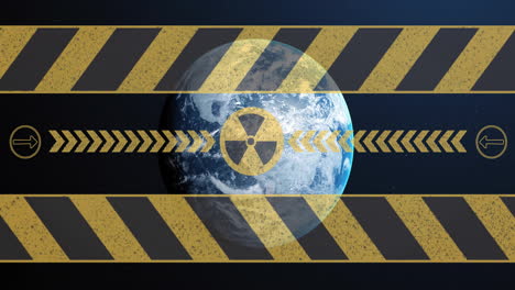 displaying radiation hazard warning animation over rotating earth in space