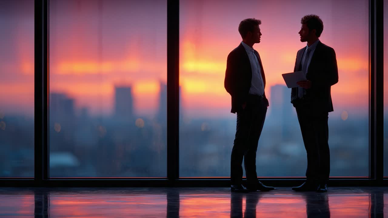 Un sereno incontro al tramonto: due professionisti impegnati in una discussione approfondita sullo sfondo di colori vivaci ed effetti di silhouette