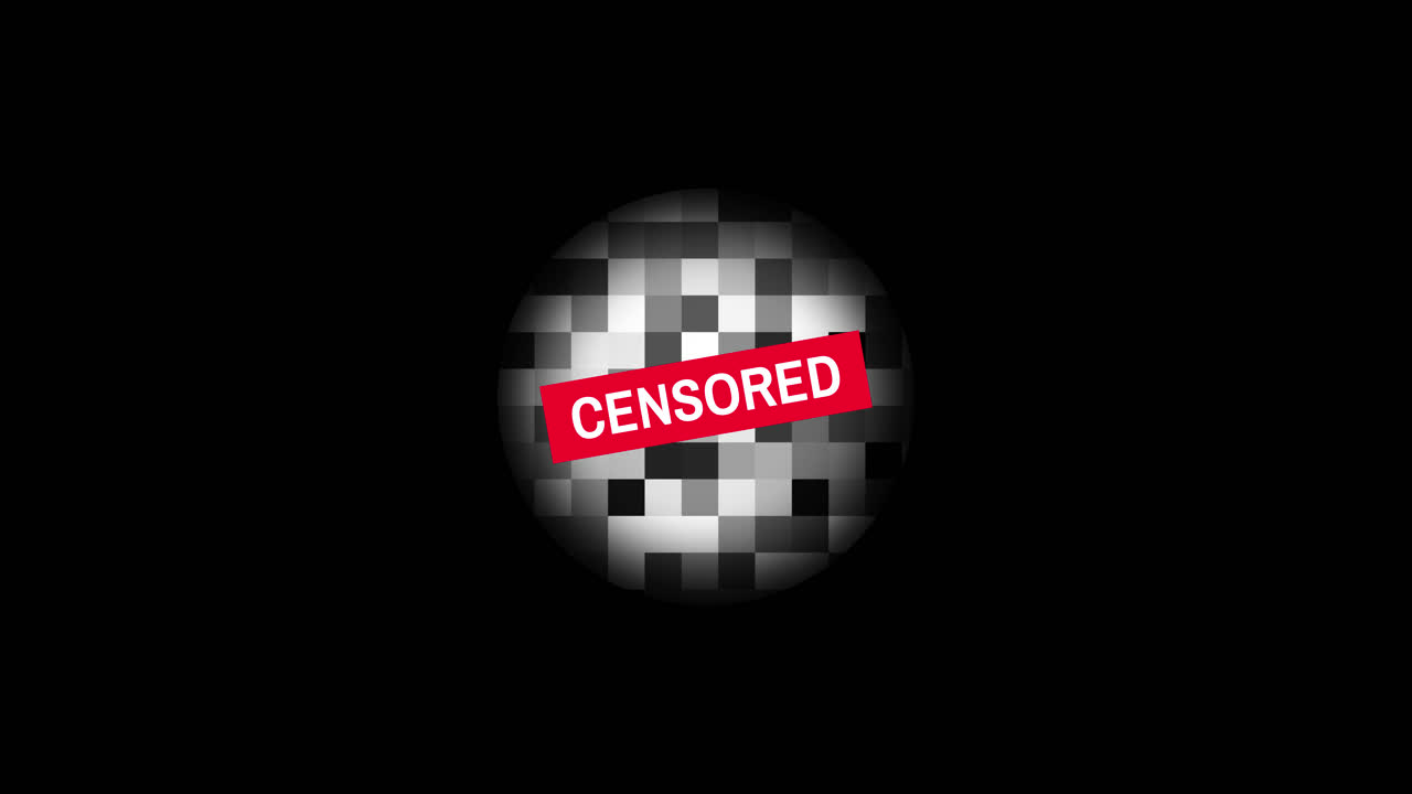 Censored Pixelated Circle with Red Banner on Black Background