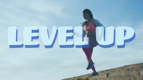 Animation-of-level-up-text-over-woman-running,-exercising-outdoors