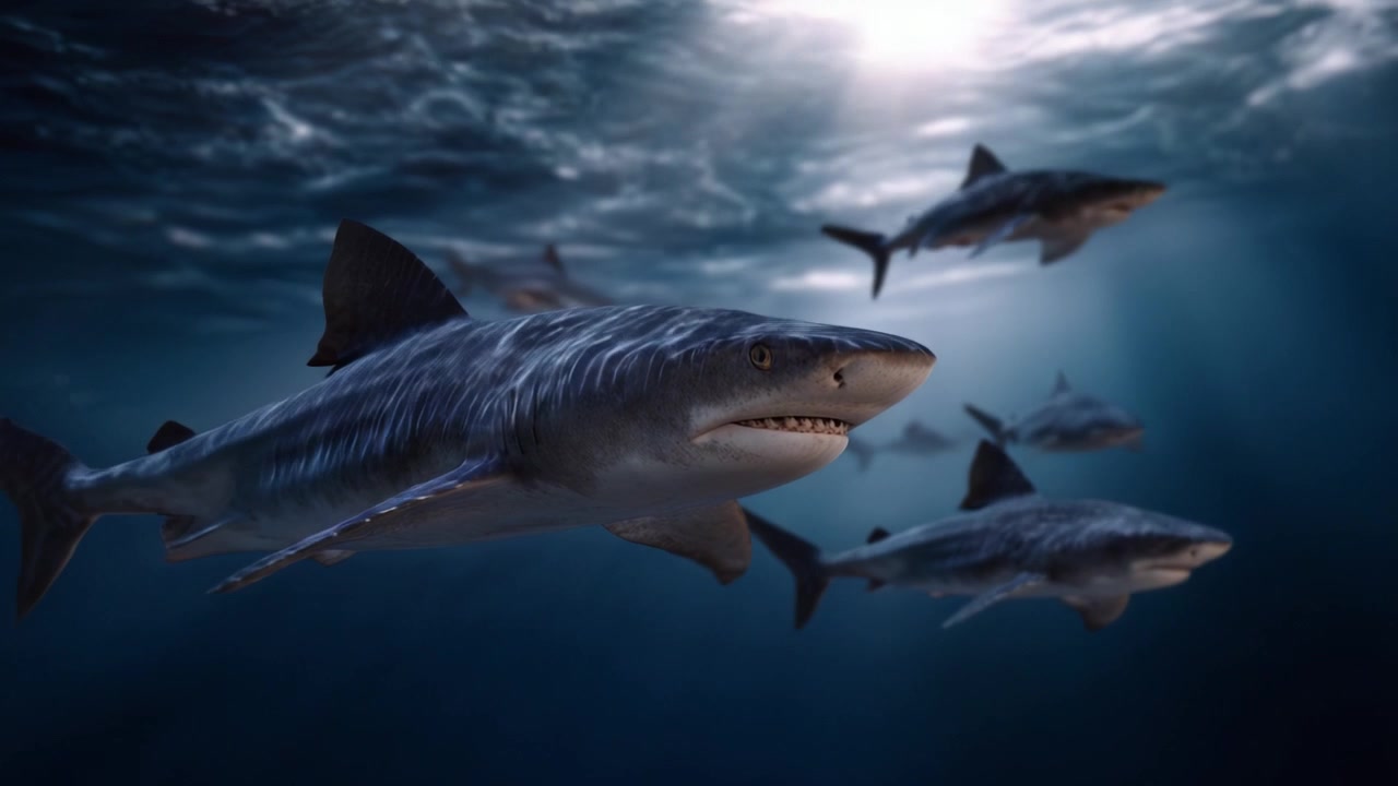 A mesmerizing underwater scene featuring a group of sharks elegantly swimming through the ocean depths, highlighting their powerful presence and unique behaviors.